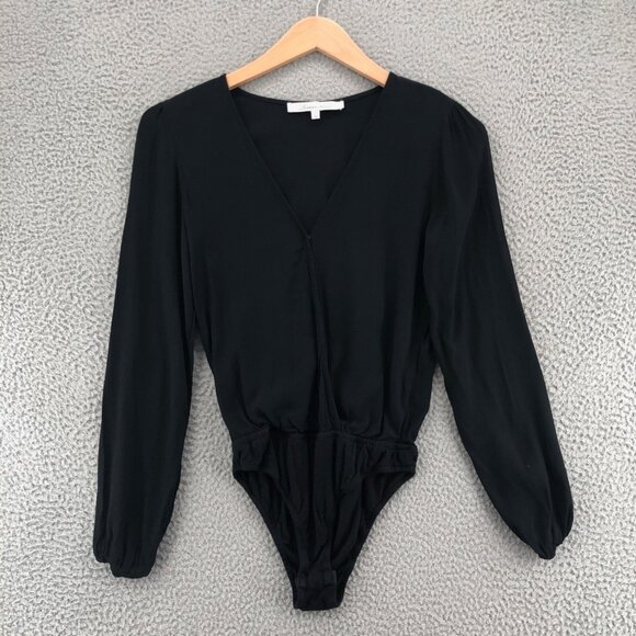 Lovers + Friends Top Womens Small Black Bodysuit Long Balloon Sleeves Snap Front - Picture 1 of 10